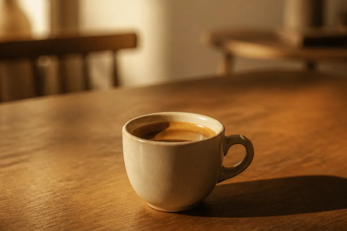An espresso cup on a wooden table in warm late-afternoon light.